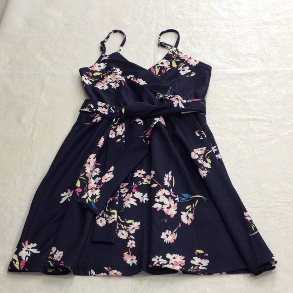 Unbranded Dark Blue Floral Belted Adjustable Spaghetti Strap V-neck Wrap Dress S